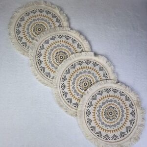 Set Of 4 Round Fabric Mandala Drink Coasters Beige Boho Farmhouse Decor